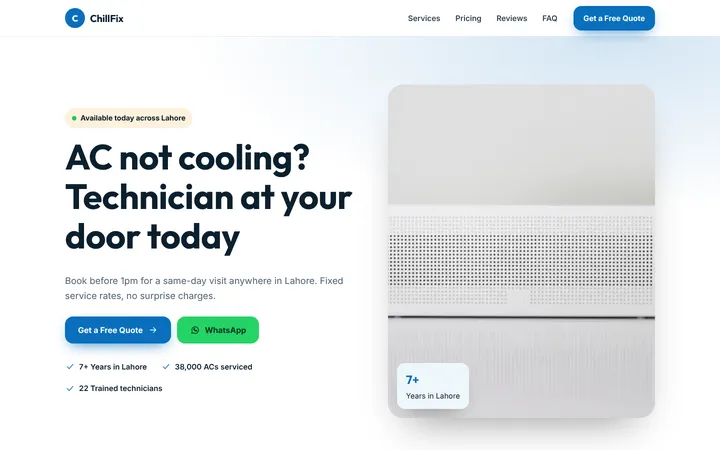 Home page of ChillFix, a sample lead-gen one-pager website