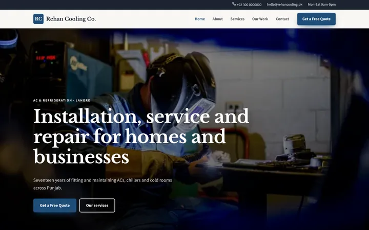 Home page of Rehan Cooling Co., a sample company website website