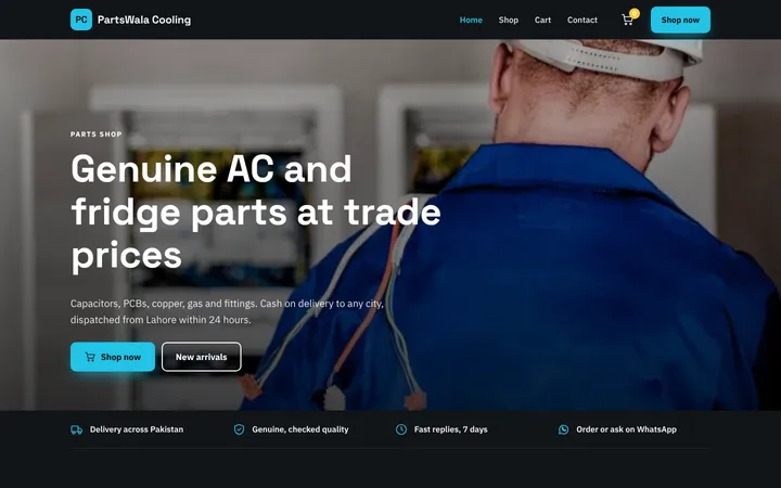 Home page of PartsWala Cooling, a sample online store website
