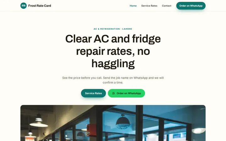 Home page of Frost Rate Card, a sample menu / price list website