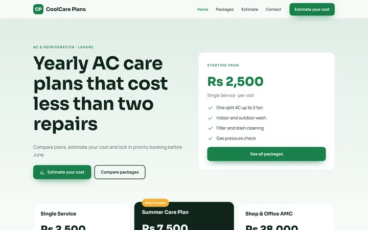 Home page of CoolCare Plans, a sample packages + estimator website