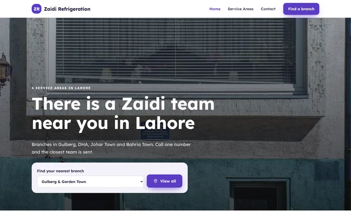 Home page of Zaidi Refrigeration, a sample multi-branch website