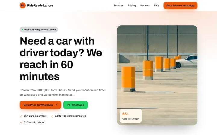 Home page of RideReady Lahore, a sample lead-gen one-pager website