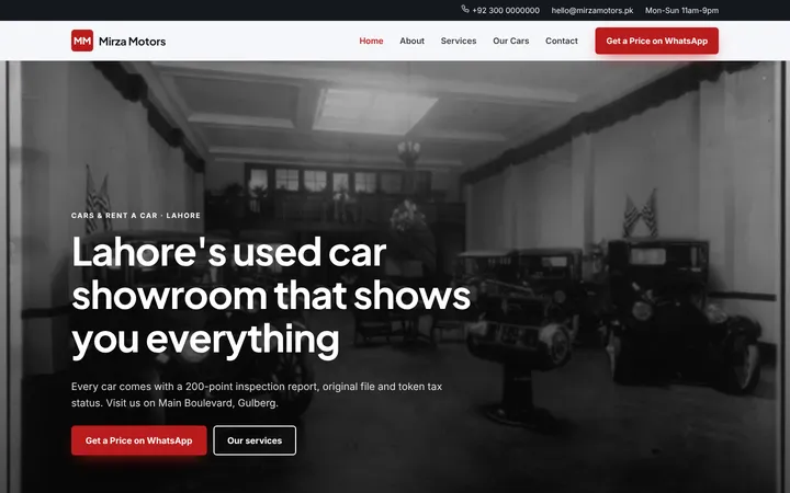 Home page of Mirza Motors, a sample company website website