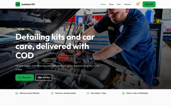 Home page of AutoKart PK, a sample online store website
