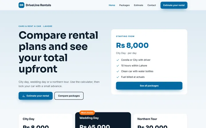Home page of DriveLine Rentals, a sample packages + estimator website