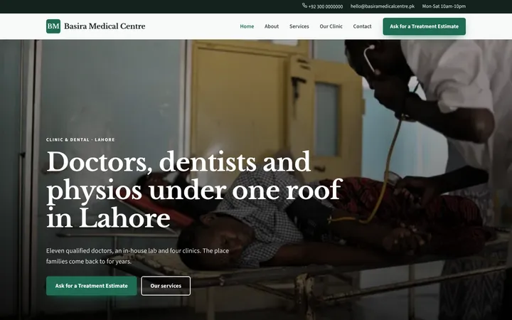 Home page of Basira Medical Centre, a sample company website website