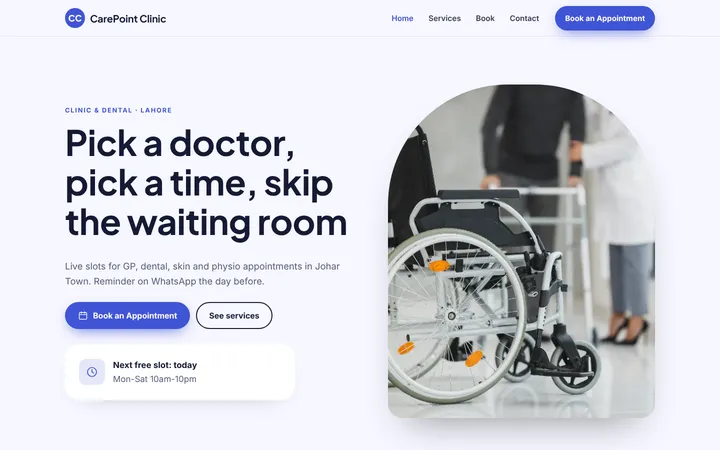 Home page of CarePoint Clinic, a sample booking website website