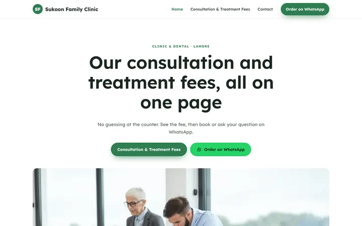 Home page of Sukoon Family Clinic, a sample menu / price list website