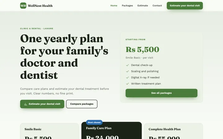 Home page of WellNest Health, a sample packages + estimator website