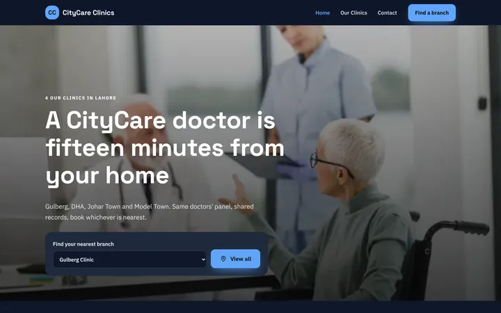 Home page of CityCare Clinics, a sample multi-branch website