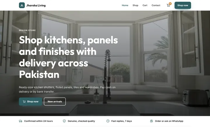 Home page of Jharoka Living, a sample online store website