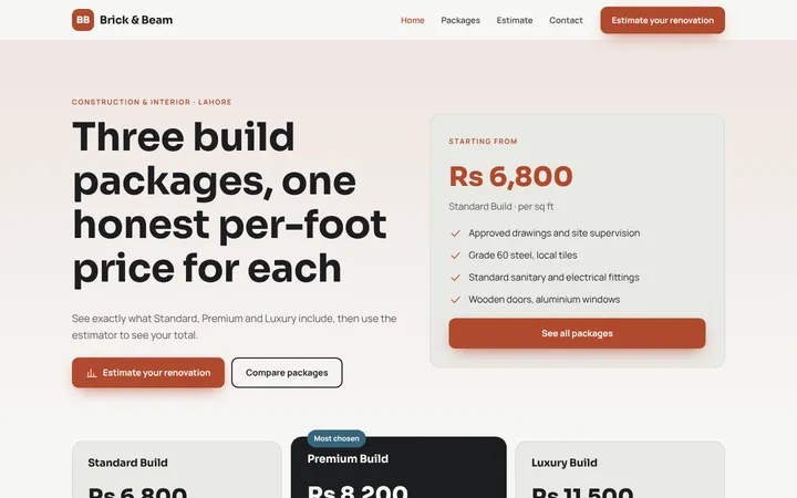 Home page of Brick & Beam, a sample packages + estimator website