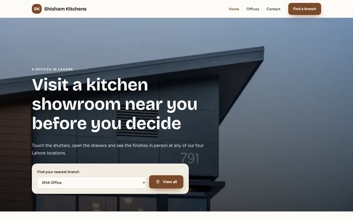 Home page of Shisham Kitchens, a sample multi-branch website