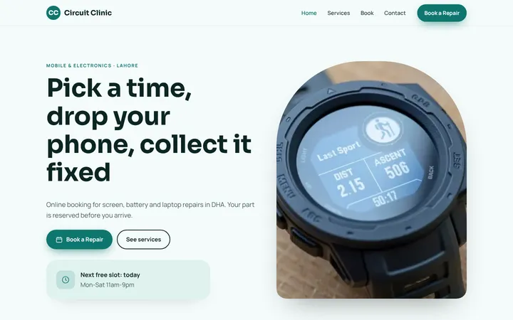 Home page of Circuit Clinic, a sample booking website website