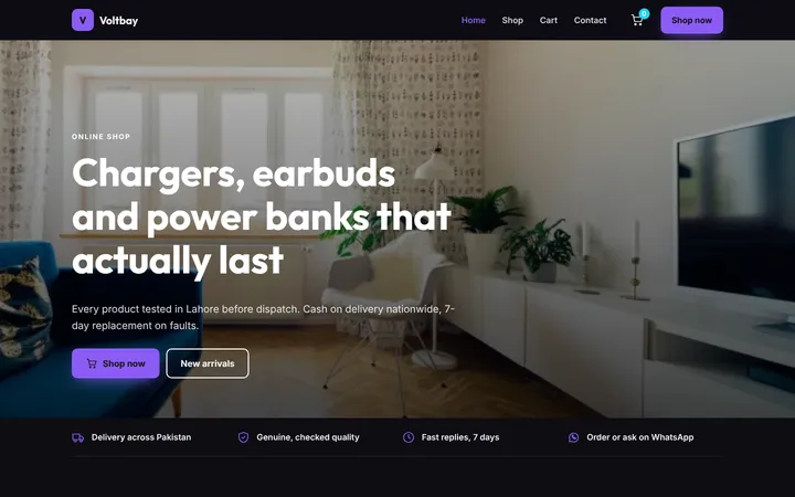 Home page of Voltbay, a sample online store website