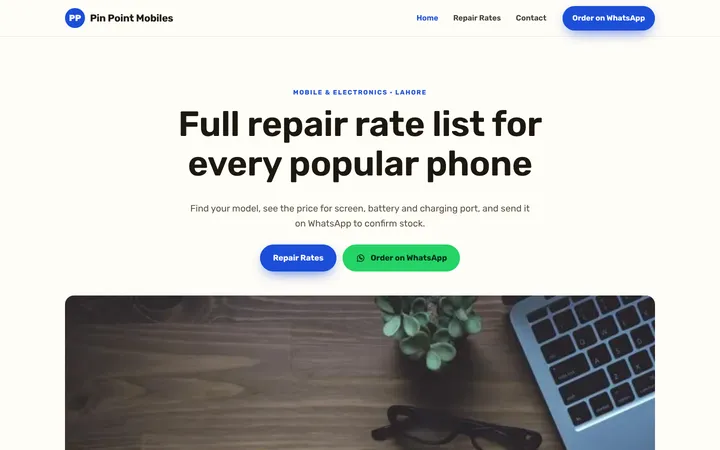 Home page of Pin Point Mobiles, a sample menu / price list website