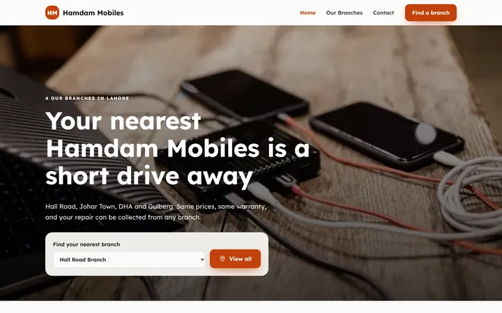 Home page of Hamdam Mobiles, a sample multi-branch website