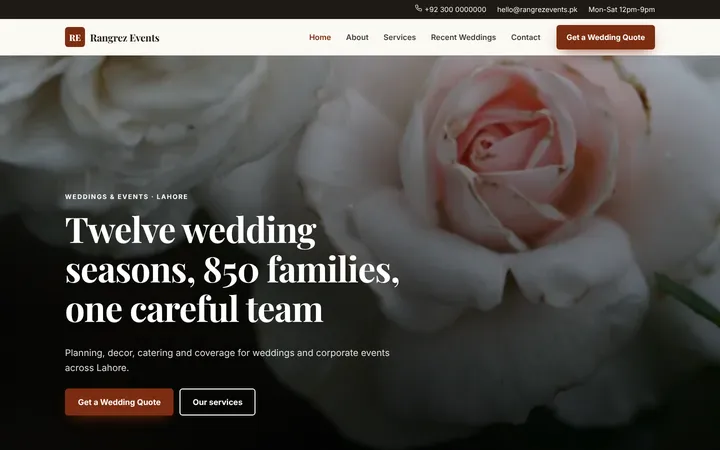 Home page of Rangrez Events, a sample company website website