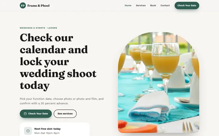 Home page of Frame & Phool, a sample booking website website