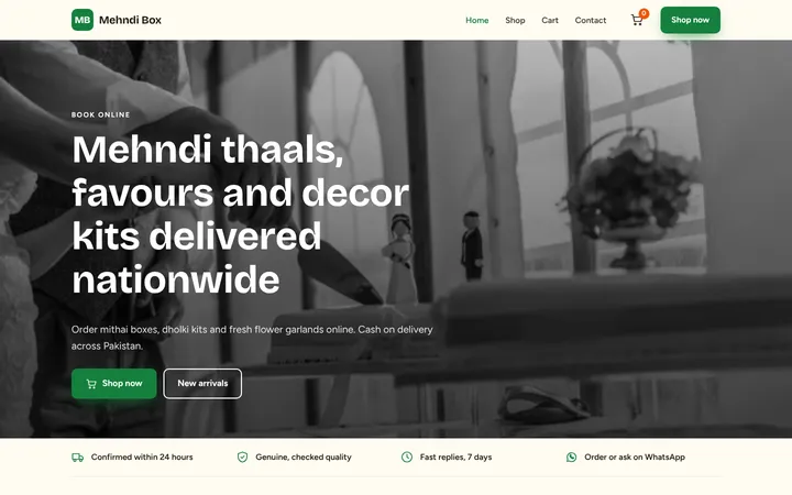 Home page of Mehndi Box, a sample online store website