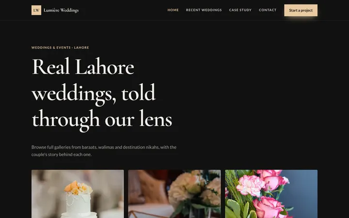 Home page of Lumière Weddings, a sample portfolio & gallery website