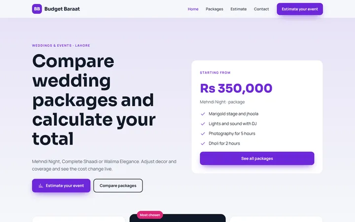 Home page of Budget Baraat, a sample packages + estimator website