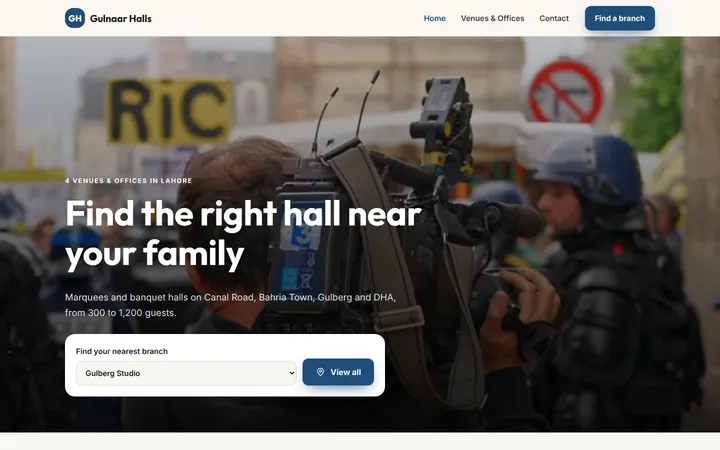 Home page of Gulnaar Halls, a sample multi-branch website