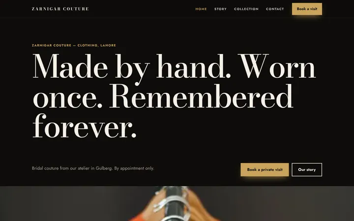 Home page of Zarnigar Couture, a sample premium brand website