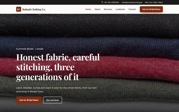 Home page of Ruhaab Clothing Co., a sample company website website