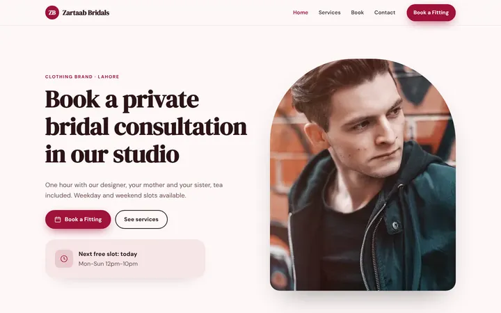 Home page of Zartaab Bridals, a sample booking website website