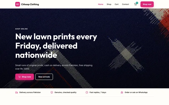 Home page of Chhaap Clothing, a sample online store website