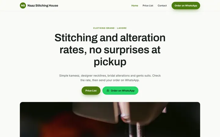 Home page of Naaz Stitching House, a sample menu / price list website