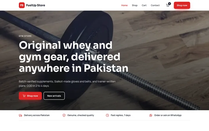 Home page of FuelUp Store, a sample online store website