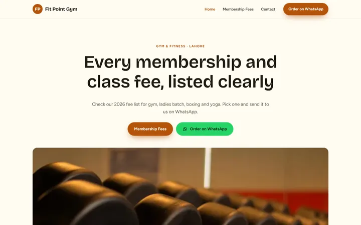 Home page of Fit Point Gym, a sample menu / price list website