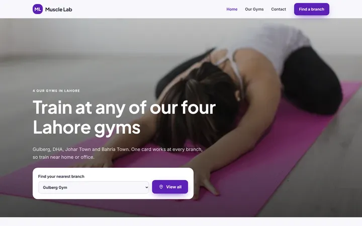 Home page of Muscle Lab, a sample multi-branch website