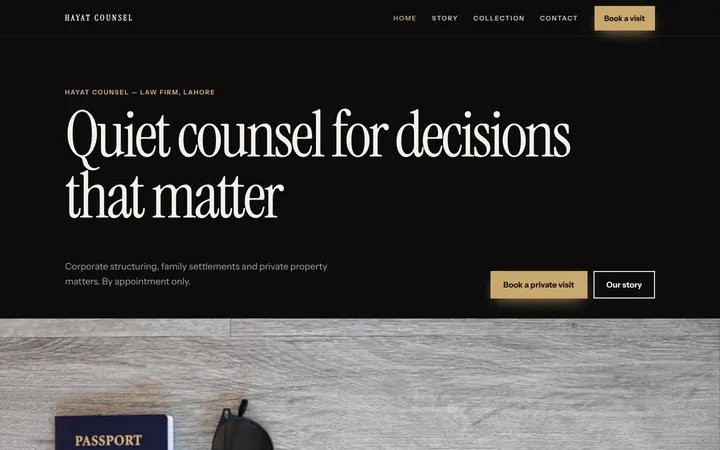 Home page of Hayat Counsel, a sample premium brand website
