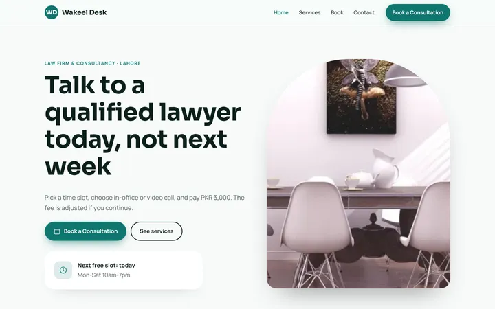 Home page of Wakeel Desk, a sample booking website website