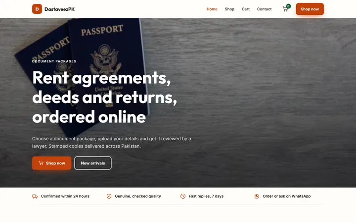 Home page of DastaveezPK, a sample online store website