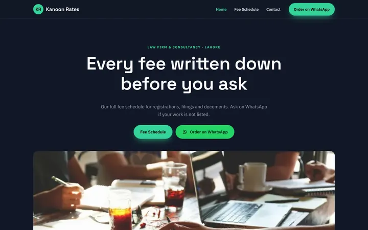 Home page of Kanoon Rates, a sample menu / price list website