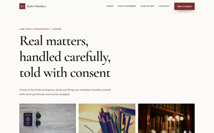 Home page of Qadri Chambers, a sample portfolio & gallery website