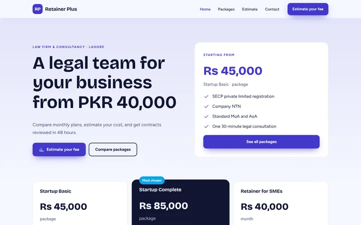 Home page of Retainer Plus, a sample packages + estimator website
