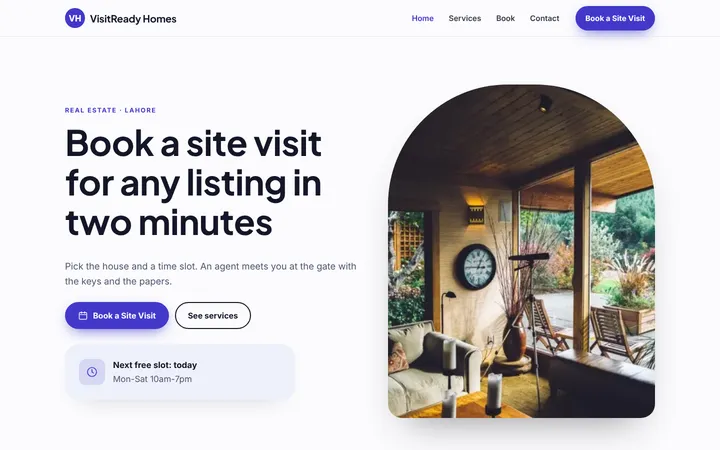 Home page of VisitReady Homes, a sample booking website website