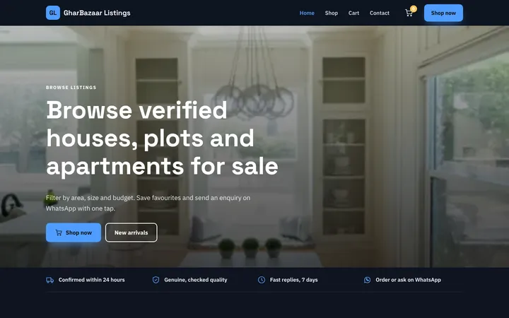 Home page of GharBazaar Listings, a sample online store website