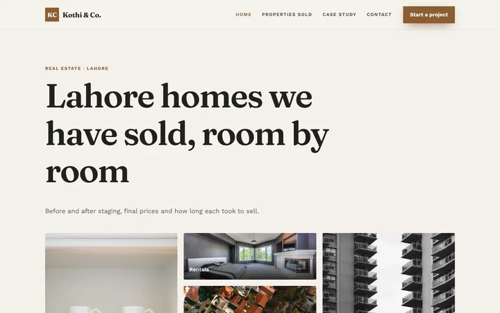 Home page of Kothi & Co., a sample portfolio & gallery website
