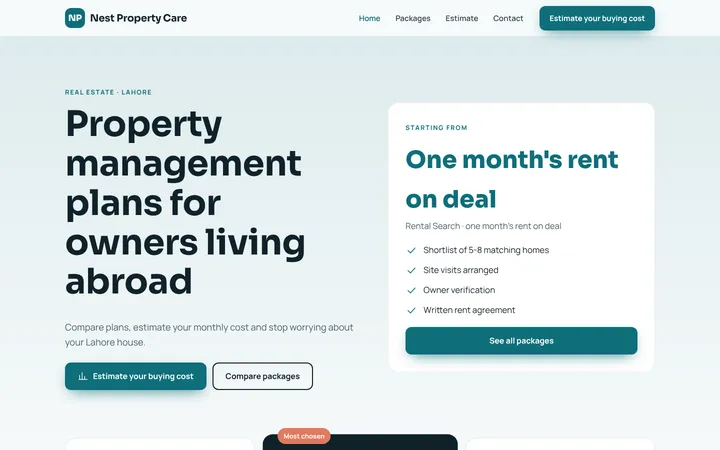 Home page of Nest Property Care, a sample packages + estimator website