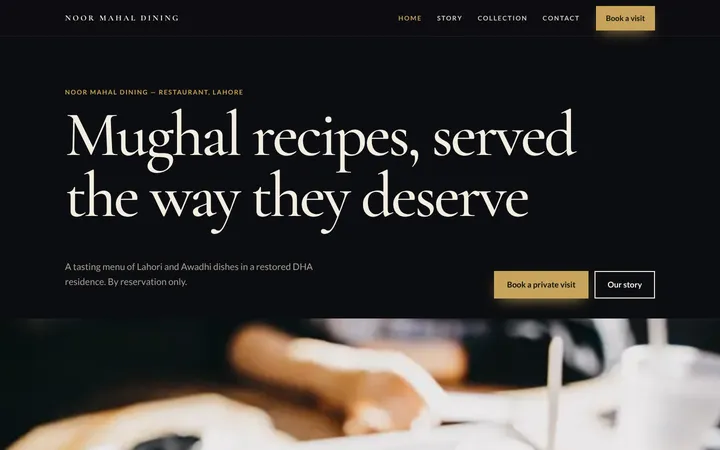 Home page of Noor Mahal Dining, a sample premium brand website