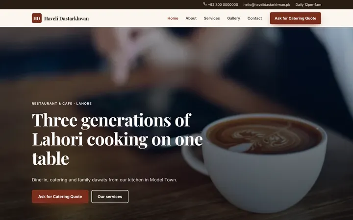 Home page of Haveli Dastarkhwan, a sample company website website
