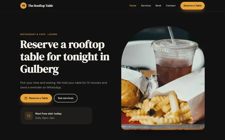 Home page of The Rooftop Table, a sample booking website website