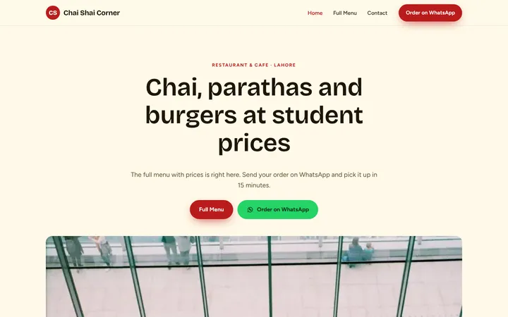 Home page of Chai Shai Corner, a sample menu / price list website